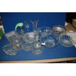 A box of miscellaneous glass including; fruit bowls, jelly moulds, vases, etc.