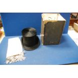 A 'Tress & Co' Top Hat and gents silk evening scarf all in hat box (very damaged) marked