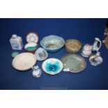 A blue tray of mixed pottery, to include turquoise dishes, pottery owl, oriental dish,