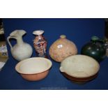 A large box of terracotta pots, large green jug, oriental vase with damage to rim,