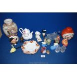 A box of mixed china, oriental vase, ginger jar, small teapot, glass dolphin etc.