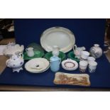 A box of mixed china, green plates, Caribbean, Elizabethan, teacups and saucers,