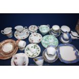 A box of mixed china tea sets to include; Ye Olde English Grosvenor china (crack in sugar bowl),