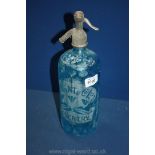 A blue glass soda siphon with W. Lant & Co, Coventry, etched on glass. 13" tall.