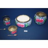 A set of table china including; biscuit barrel, preserve pot,