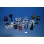 Miscellaneous glass including two embossed tankards, three twist stem coloured wine glasses,