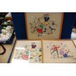 Three framed applique pictures.