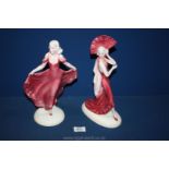 Two Continental Lady porcelain figures in red dresses, one lady has a small chip to nose.