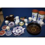 A quantity of china to include; two brown jugs, duck trinket box, children's cups,