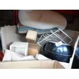 A box of miscellanea including ice bucket, wooden boxes, plate rack etc.