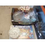 A game of life and miscellaneous glass flan dishes, trays, jugs etc.