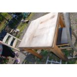 Square wooden table with Oak legs for restoration and two chairs.