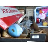 A box of Monopoly, glass candlestick, puzzle, china etc.