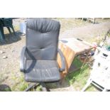 A black swivel chair, wooden draining board and square table a/f.