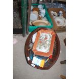 A basket and a box of miscellanea including mug tree, breakfast cups, wall plates, etc.