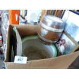 A wooden biscuit barrel, pictures, chamber pot etc.