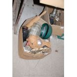A wooden rolling pin, jugs, mirror, scales etc.