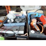 Two boxes of miscellanea including foot pump, hedge trimmer, shoe lasts, two battery chargers,