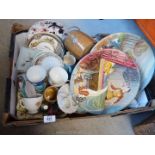 A box of miscellaneous china, biscuit barrel, display case etc.