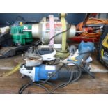 Miscellaneous hand tools, angle grinder, drill, sander.