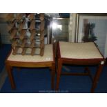 Two wooden piano stools and a wood/metal wine rack.