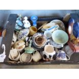 A box of miscellaneous china, cups, jugs, candlestick ornaments etc.