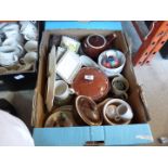 A box of china, stoneware tureen, brown teapot, pin dishes, etc.