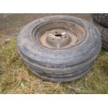 Two three-stud fitting dumper wheels/tyres 6.00/16 with tractor front tread pattern.