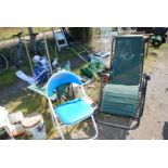 Two folding fishing chairs, lounger and kitchen chair plus two stools.
