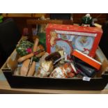 A box of miscellanea to include shoe stretchers, nursery set and Oriental vases, a/f.