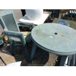 Green plastic table and two chairs,