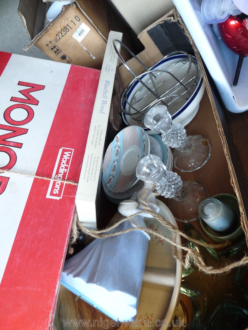 A box of Monopoly, glass candlestick, puzzle, china etc. - Image 2 of 2