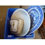 A box of blue and white meat dish, cheese dish a/f. and wash bowl a/f.