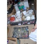 Three boxes of glass, jugs, jardinieres, wall plates etc.
