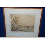 An Arthur Wright signed watercolour of a London bridge with cranes, circa 1950's.