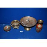 Four brass items - fruit bowl decorated with ducks, small vase painted in bronze with flowers,