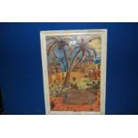 A framed painting on paper depicting an African village scene, unsigned.