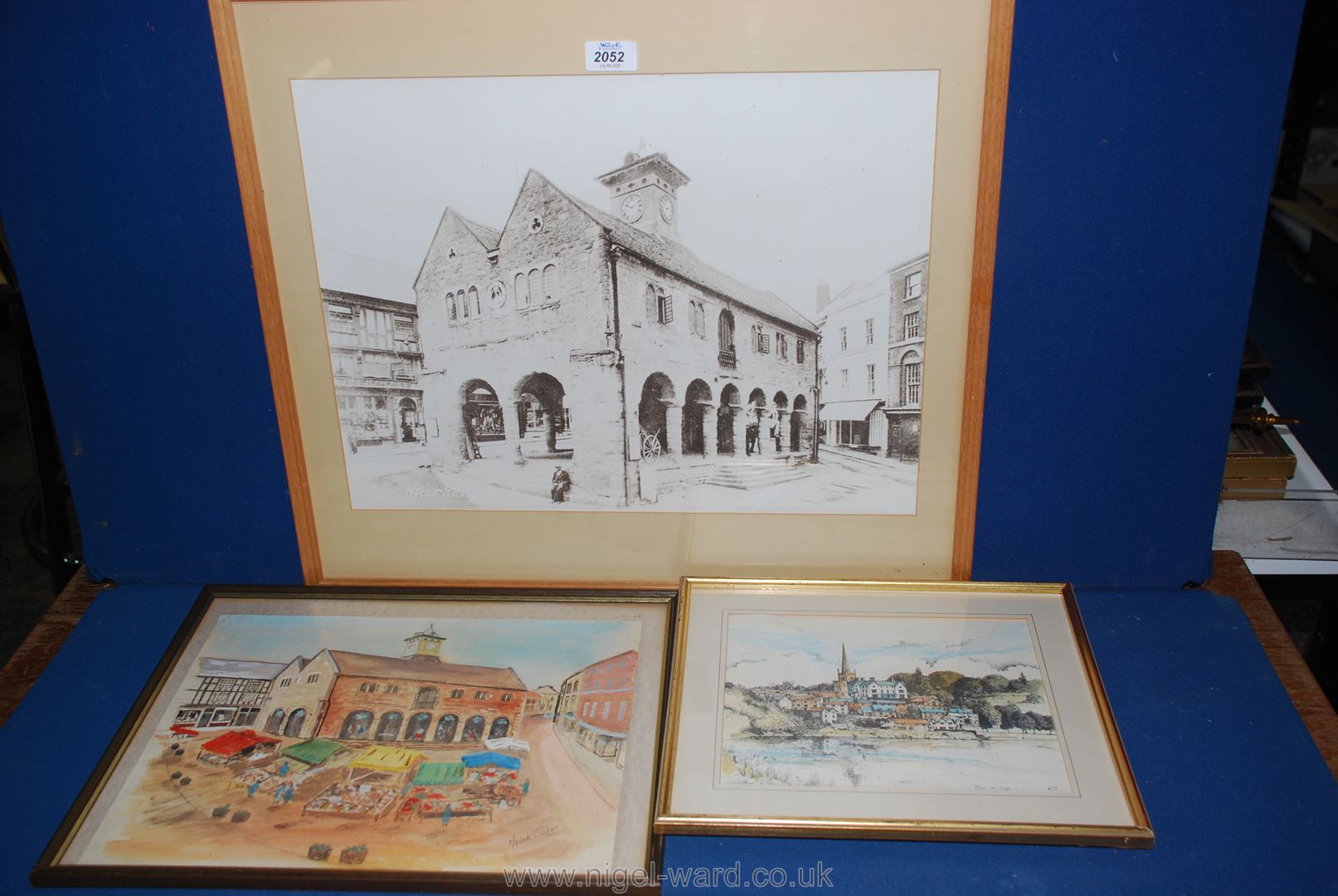 A large black and white Print of The Market House in Ross-On-Wye,