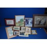 A quantity of pictures to include; prints of horses,