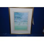 A framed and mounted watercolour depicting a game of cricket dated '83,