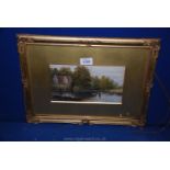 A gilt framed and mounted Watercolour depicting a watermill and cattle drinking from the river,