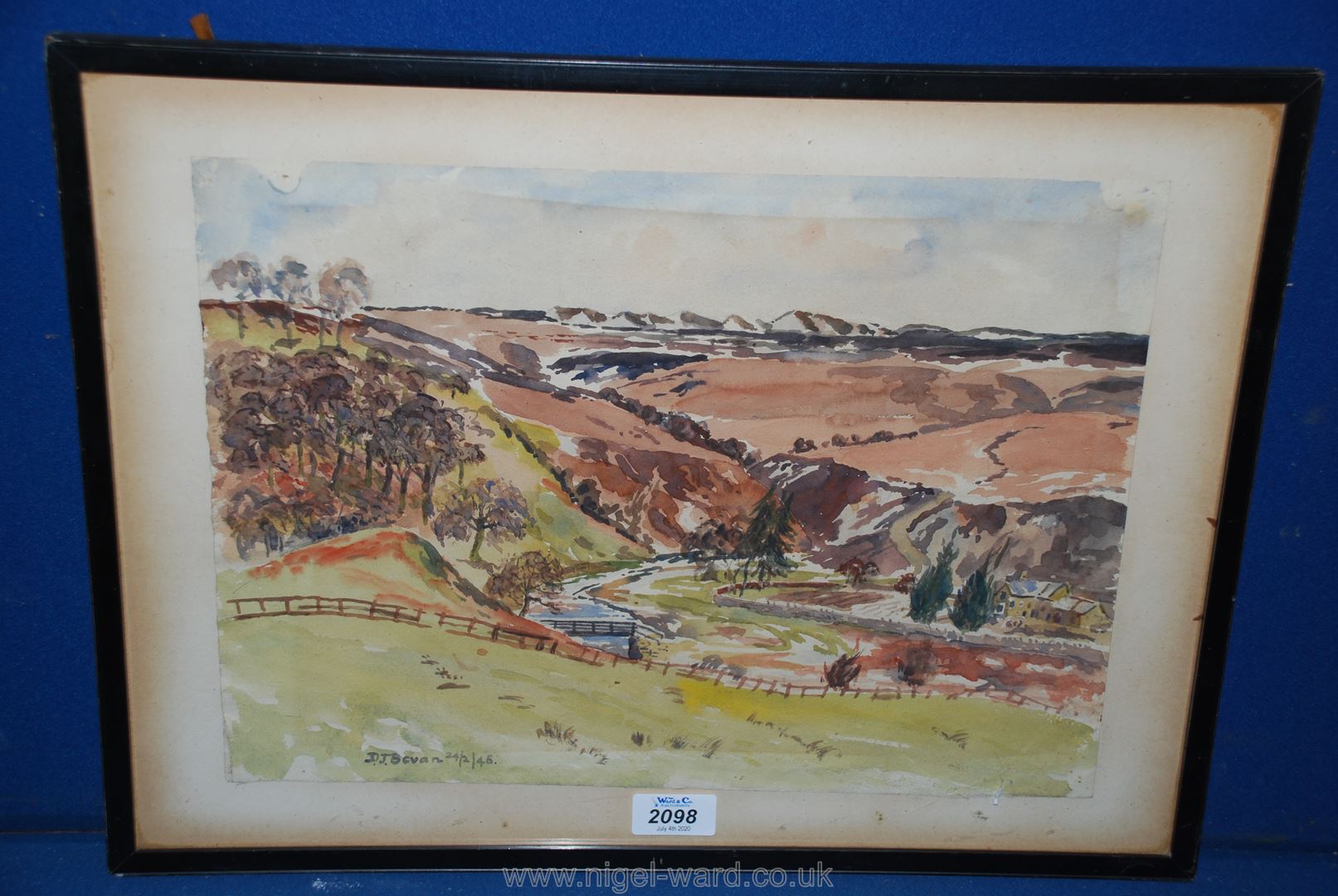 A Watercolour rural landscape signed D.J.Bevan, dated 24/2/45.