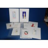 Eleven Art Deco style pochoir Prints of ladies, some pencil, signed artist Janet Hill.