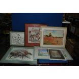 A quantity of prints and cross-stitch pictures to include; Minster Gates York, interior of a garage,