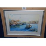 A framed and mounted print depicting Weymouth harbour, unsigned.