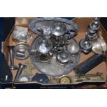 A quantity of plated items including a Teaset, galleried tray, cigarette box, candelabra,