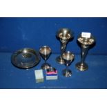 A pair of silver plated bud/posy Vases 7" tall, bonbon dish, napkin ring and two small goblets.