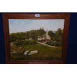 A wooden framed Oil on board depicting thatched cottages and a church tower appearing through the