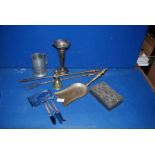 A quantity of brass and plated items including toasting fork, poker and shovel, vase, tankard,