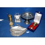 A tray of mixed EPNS silver bon bon dish, leaf tray, brass, Welsh miners lamp, cased brass goblet,